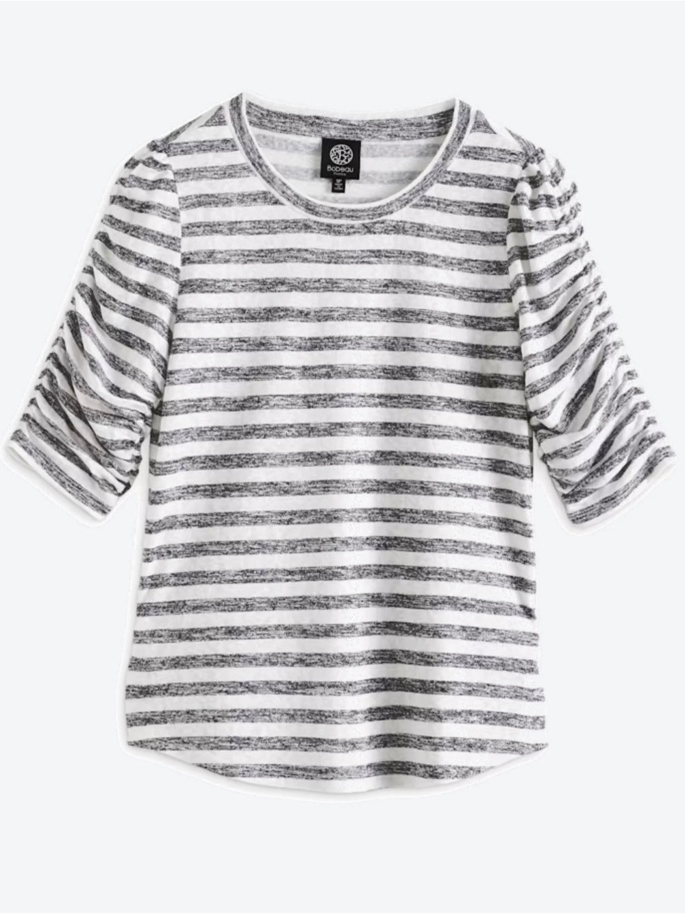 Bobeau Petite Striped Ruched Sleeve Knit Top White Heather Black SP